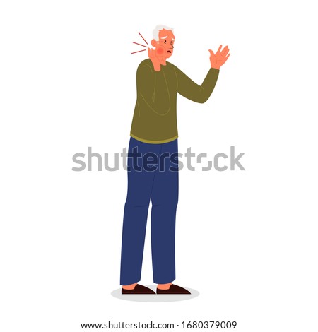 Sad old man suffering from a strong toothache. Eldery person touching their cheeck and feel the pain. Isolated illustration in cartoon style