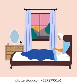 Sad old woman lying in the bed at nursing home or hospital.  Elderly old people help and care service, happy retirement concept. Cartoon Vector Illustration.