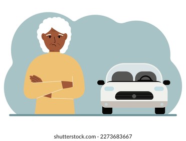 Sad old woman next to a beautiful white car. Vector flat illustration