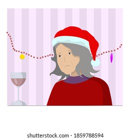 Sad Old Woman In Santa Claus Hat. Christmas Costume