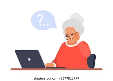Sad old woman sitting with laptop vector illustration. Cartoon isolated elderly character with glasses and question mark over head inside bubble, confused grandmother in doubt how to use computer