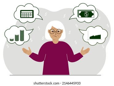 Sad old woman thinking about finances. In my thoughts money, calculator, charts. For posters, banners, websites. Vector flat illustration