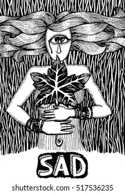 Sad One-eyed Girl with a maple leaf