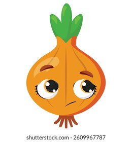 Sad onion with expressive eyes and a downturned face, perfect for illustrating emotions, food characters, or educational materials for children