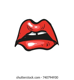 Sad open mouth. Sorrowful red lips with teeth on white background. Tragic emotions