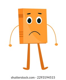 Sad orange book. Negative emotions, mood and feelings. Gestures and facial expressions. Charming upset character. Textbook and fiction, fantasy. Cartoon flat vector illustration