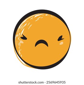 Sad orange emoji with a textured design, showing a frowning face with closed eyes, on a white background. Concept of emotions, feelings, expressions. Vector illustration.