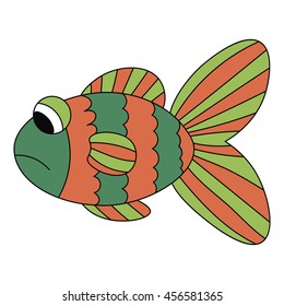 Sad orange and green fish isolated on white background. Vector illustration.