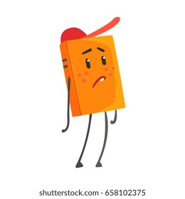 Sad orange humanized cartoon book character in a red cap vector Illustration
