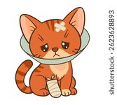 Sad orange tabby cat with cone collar and bandaged paw and ear. Chibi Flat style clean, simple design. For veterinary and children’s content, pet care blogs, greeting cards, stickers, tshirts, poster