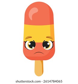 Sad orange and yellow ice cream with big glossy eyes and frown expression, isolated on white background, great for kids food characters, sticker sets and emotional summer designs