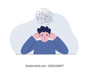 Sad overthinking man. Illustration of a confused man. Flat vector illustration of an unhappy person