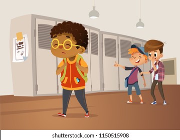 Sad overweight African-American boy wearing glasses going through school. School boys and gill laughing and pointing at the obese boy. Body shaming, fat shaming. Bullying at school. Vector