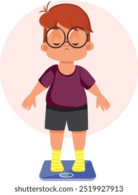 
Sad Overweight Boy on a Body Scale Vector Illustration. Child feeling sad about his overweight health problems 
