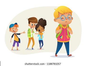 Sad Overweight Boy Wearing Glasses Going Through School. School Boys And Gill Laughing And Pointing At The Obese Boy. Body Shaming, Fat Shaming. Bulling At School. Vector Illustration.