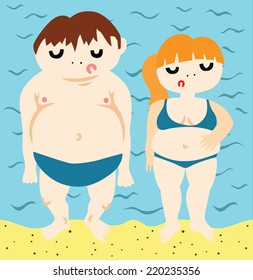Sad Overweight Couple on the beach