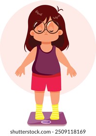 
Triste Garota Sobrepeso Pesando-Se Ilustração Vetorial. Criança perturbada que sofre de transtorno de obesidade infantil não está bem
