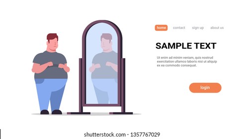 Sad Overweight Man Looking At Himself Reflection In Mirror Big Unhappy Guy Over Size Obesity Concept Flat Full Length Horizontal Copy Space White Background