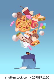 sad overweight man thinking about junk food unhealthy nutrition junkfood addiction stop fast food concept