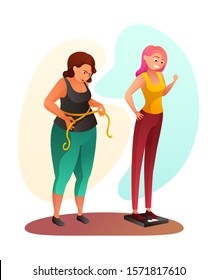 Sad Overweight Woman And Happy Thin Lady Cartoon. Fat Female Character Measuring Waist. Slim Girl Weighing On Scales. Person Suffer From Obesity With Big Belly And Slimming One. Vector Illustration