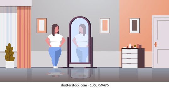 mujer triste con sobrepeso que se ve reflejada en una chica obesa espejo con un concepto de obesidad de tamaño moderno sala de estar interior interior de tamaño completo horizontal