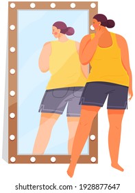 Sad Overweight Woman In Sportswear Looking At Reflection In Mirror. Unhappy Young Plump Girl In Home Pajama Standing In Front Of Mirror Looks At Herself From Back. Obese Girl Over Size Obesity Concept