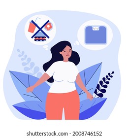 Sad overweight woman thinking about dieting and scales. Fat female giving up junk food flat vector illustration. Diet, healthy lifestyle concept for banner, website design or landing web page