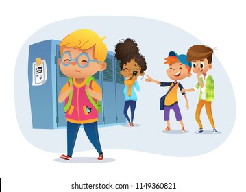 Sad Owerweight Boy Wearing Glasses Going Througs Skhool. School Boys And Gill Laughing And Pointing At Obese Boy. Body Shaming, Fat Shaming. Bulling At School. Vector Illustration