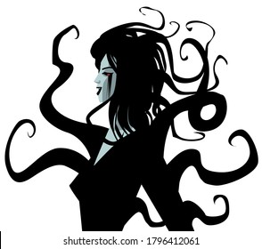 sad pale emo creepypasta young woman with black tentacles