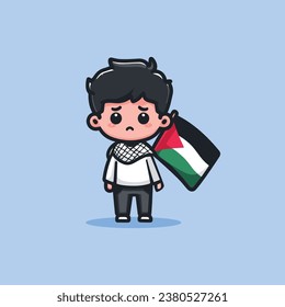 Sad Palestinian child with Palestine flag wearing Keffiyeh scarf isolated vector illustration icon concept