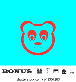 Sad panda icon flat. Red pictogram on blue background. Vector illustration symbol and bonus buttons Music center, corkscrew, credit card, house, drum