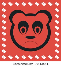 Sad panda icon flat. Simple black pictogram on red background with white hearts for valentines day. Vector illustration symbol