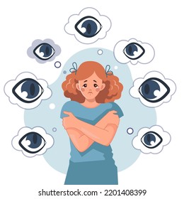 Sad Paranoid Girl With A Mental Disorder, Surrounded By Big Eyes. Persecution Mania, Depression, Fear, Phobia, OCD. Vector Illustration In Cartoon Style