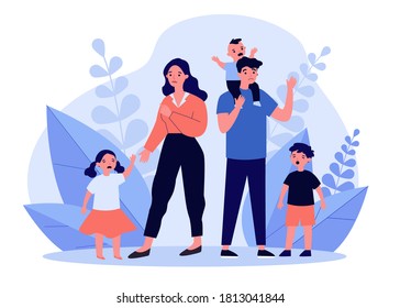 Sad parent standing with crying children. Mother, behavior, difficulty flat vector illustration. Parenthood and family concept for banner, website design or landing web page