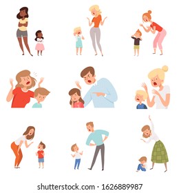 Sad parents. Angry dad punish son scared kids expression reaction crying childrens vector pictures