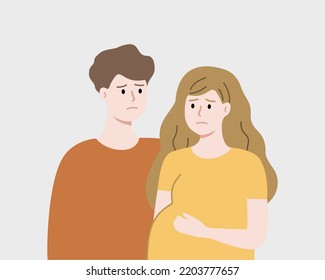 Sad parents suffering miscarriage. Depressed husband and pregnant wife loss their child. Motherhood, Childbirth, Pregnancy problem, Healthcare, abortion concept. Flat people vector illustration.