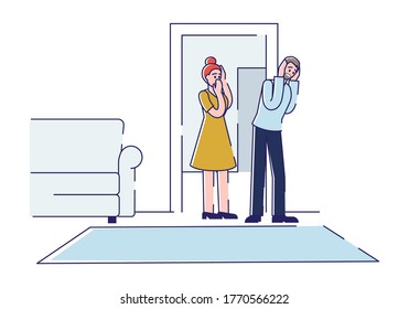 Sad parents upset with children bad behavior and discipline problems. Parenthood and naughty kids upbringing concept. Unhappy mother and father at home. Linear vector illustration