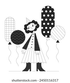 Sad party girl black and white 2D illustration concept. Floating balloons. Groovy cartoon outline character isolated on white. Cute geometric figure depressed birthday metaphor monochrome vector art