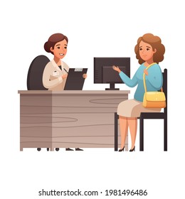 Sad patient having consultation with female doctor cartoon vector illustration