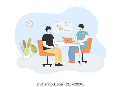 Sad patient having meeting with doctor flat vector illustration. Therapist sitting at desk and prescribing medications Healthcare, treatment concept for banner, website design or landing web page