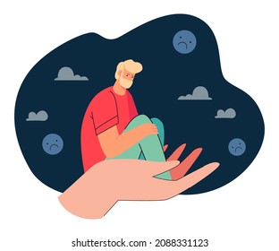 Sad patient sitting on huge hand of counselor or therapist. Psychologist counseling man flat vector illustration. Support, grief, mental health, psychotherapy concept for banner or landing web page