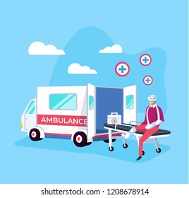 Sad patient victim man character sitting on stretcher with broken leg, hand and head near ambulance car. Aid medicine rescue disaster concept. Vector flat cartoon graphic design isolated illustration