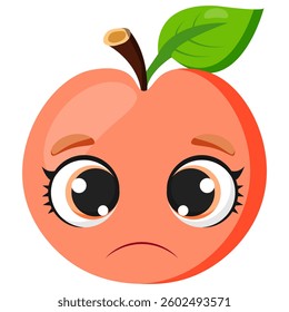 Sad peach with big expressive eyes and a melancholic expression. A creative fruit illustration ideal for emotions, healthy eating concepts, organic food packaging, vegan branding, and digital stickers