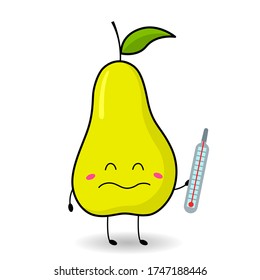 Sad pear in cartoon style with a thermometer. Vector. Juicy and bright fruit. Cute character with emotions. For your design. For stickers, cards, avatars. Isolated on a white background.