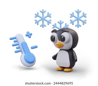 Sad penguin looks at blue thermometer, snowflakes are falling