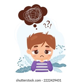Triste niño pensivo y burbuja con pensamientos y preguntas confusos, busca una respuesta. Ilustración vectorial al estilo de las caricaturas. Pensamiento psicológico conceptual, depresión, pensamientos, dudas, anhelo