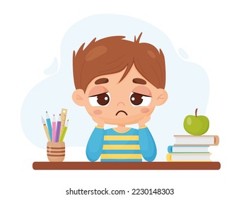 Sad pensive boy at table with books and stationery, pencils. Vector illustration in cartoon style. Psychological concept of failure in studies, reflections, depression, thoughts, doubts, longing