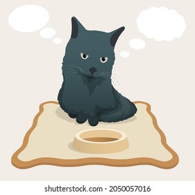 traurige pensive Katze sitzt auf dem Teppich nahe leerer Schüssel und Träume von Essen. Blasen, Wolken für Text fliegen nahe dem Kopf der grauen Katze. Cartoon-Vektorgrafik