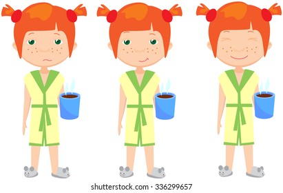 Sad, pensive and happy red-haired girl, sleepy and cheerful. Vector cartoon illustration