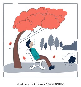 
Sad pensive man sitting on the white bench under big orange tree. Apathy, emotion problems. Meditative. Relaxing smoking guy. Rest in park. 
Bad habits theme. White background, square frame.